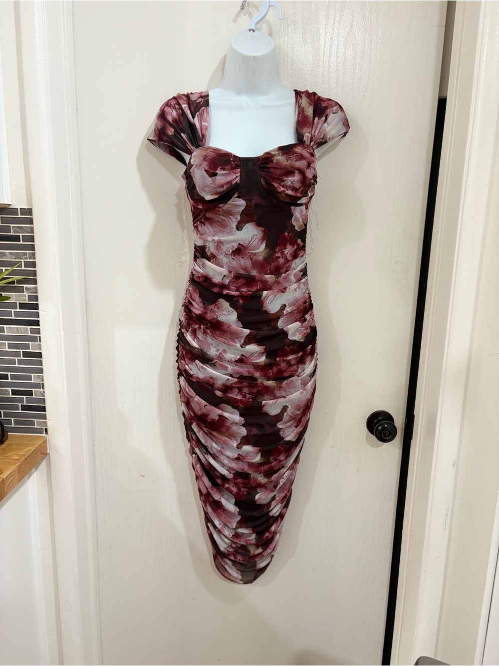 Inspired Hearts Burgundy and Blush Floral Ruched Midi Dress